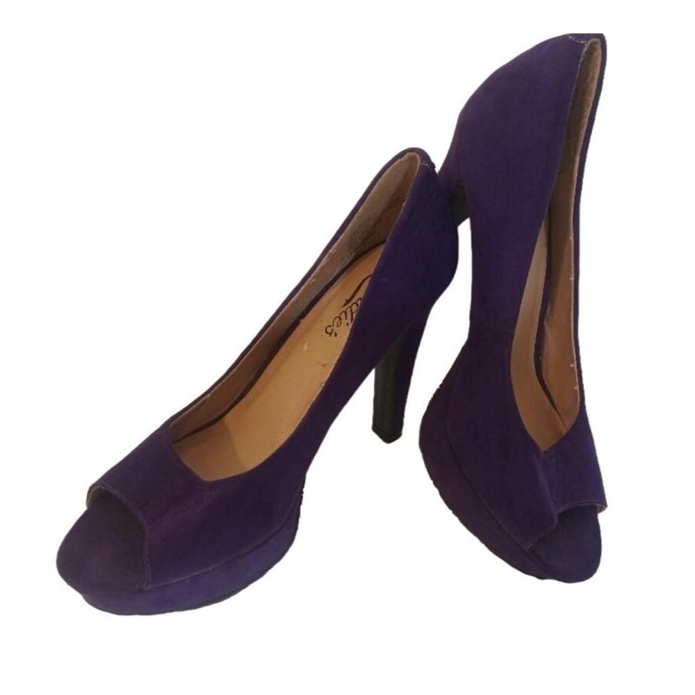 Candies Stiletto Pumps Womens Size 8 Purple Faux Suede Fabric Platform Peep Toe